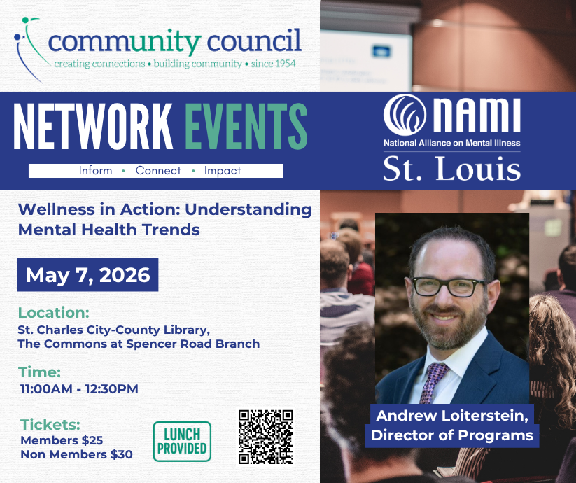 This event is focused on Wellness in Action: Understanding Mental Health Trends with speaker Andrew Loiterstein, Director of Programs at NAMI St. Louis.
