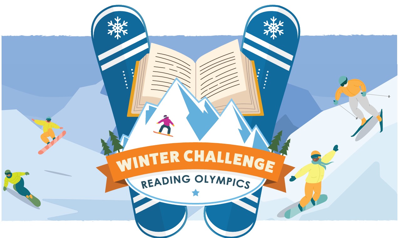 Winter Challenge Winter Olympics, a winter scene with snowboarders and an open book between two snowboards