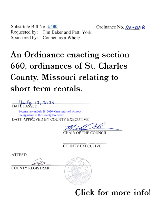 An Ordinance enacting section 660, ordinances of St. Charles County, Missouri relating to short term rentals