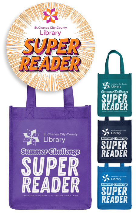 Summer Challenge Prize: window cling, reusable tote in purple, green, navy, and blue.
