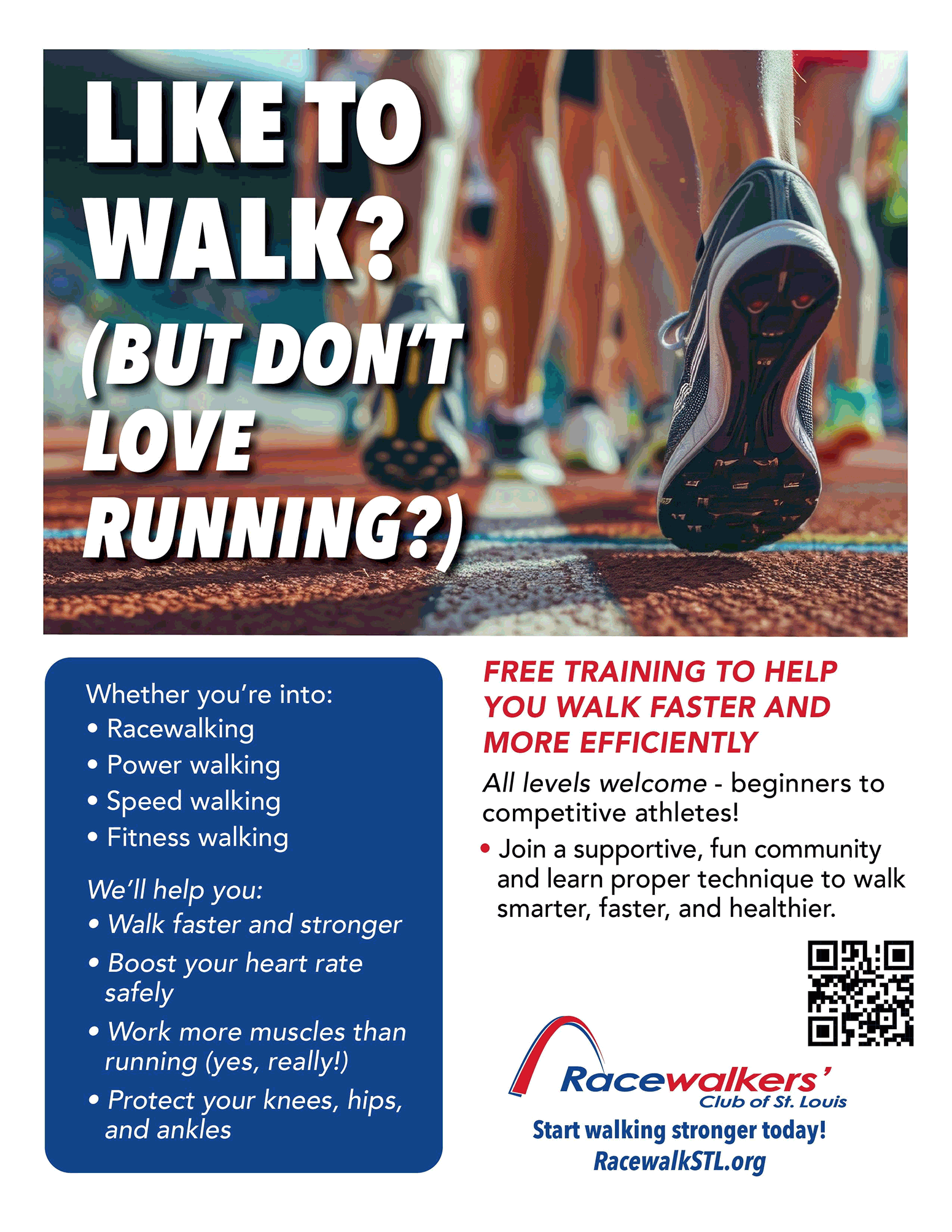 We are a non-profit racewalk organization dedicated to the enjoyment and promotion of fast walking. Our group is for novices who are interested in learning faster walking techniques and veterans who already walk competitively. We welcome newcomers, speed walkers, power walkers and racewalkers. We offer free training to learn how to walk faster and more efficiently.