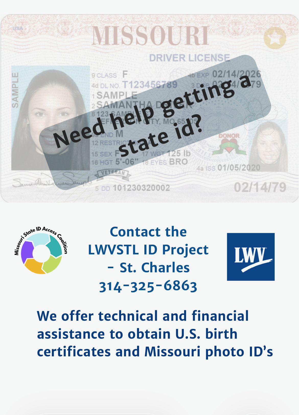 League of Women Voters is offering a service to assist people get their US Birth certificates and their MO State ID. Call 3143256863