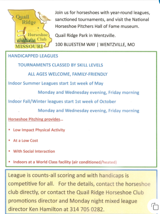 Quail Ridge Horseshoe Club promoting its Handicapped Leagues for all ages