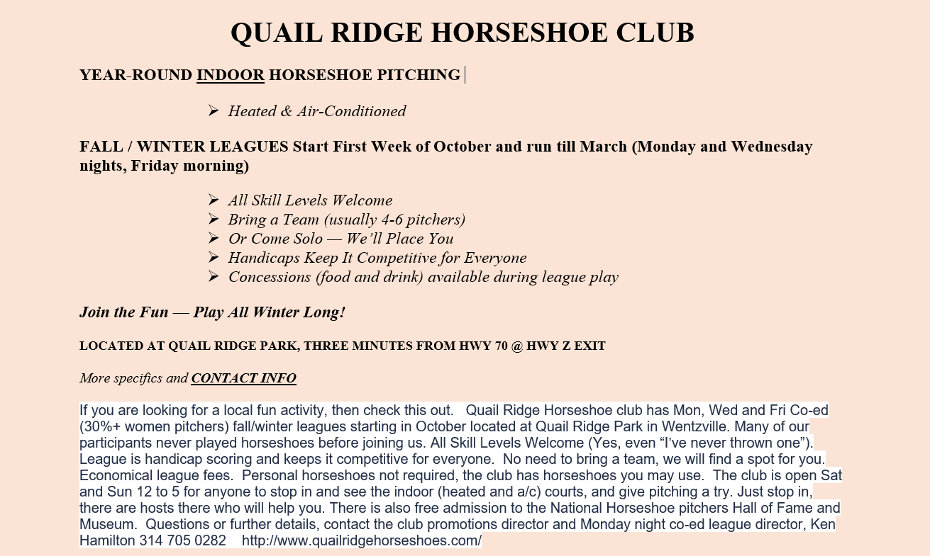 Fall/Winter Indoor Horseshoe pitching leagues at Quail Ridge Horseshoe Club