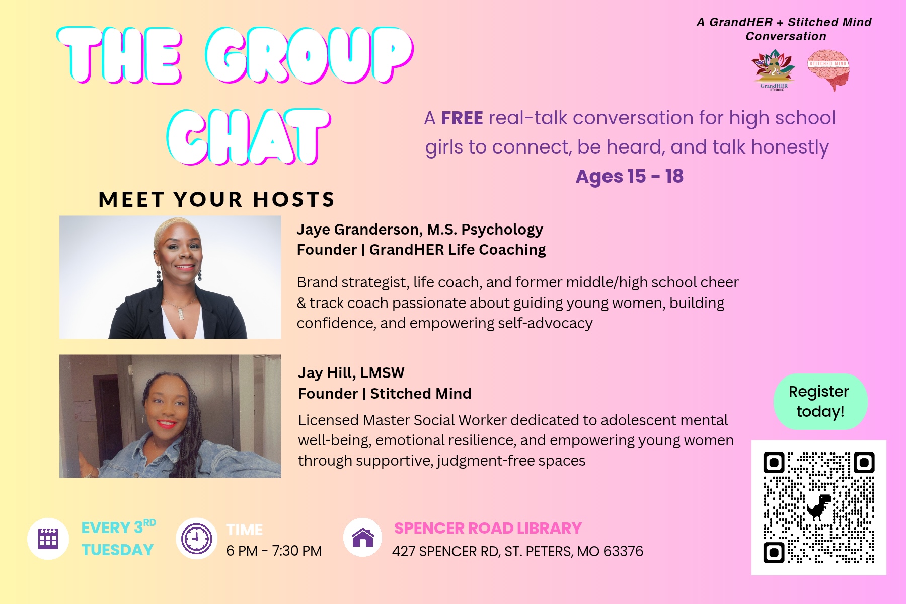 The Group Chat is a free, real-talk conversation for high school girls ages 15–18 to connect, be heard, and openly discuss confidence, friendships, boundaries, communication, relationships, and navigating high school.
