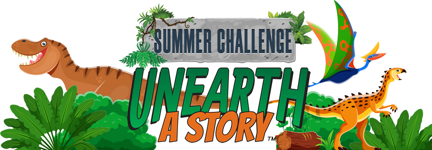 Summer Challenge Unearth A Story Banner with dinosaurs and foliage