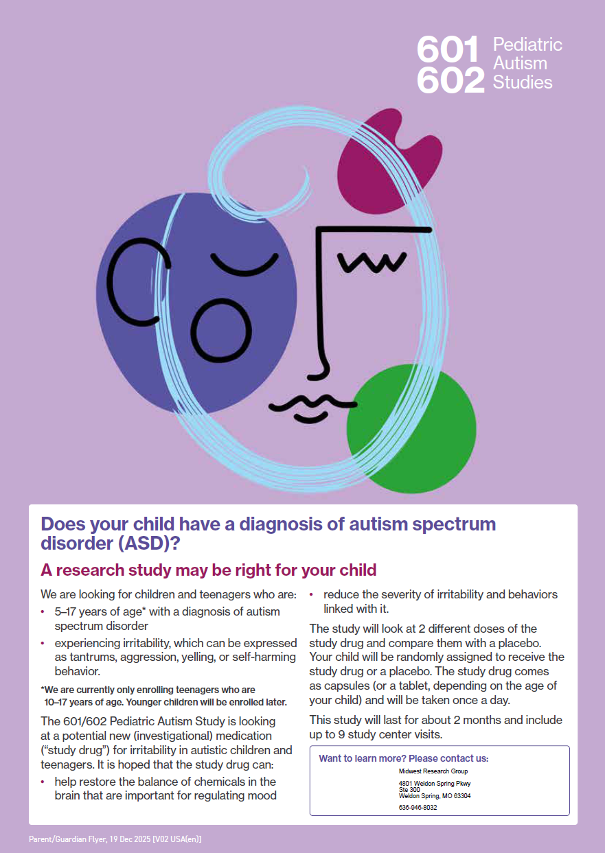 Midwest Research Group is offering participation in their medication trial for children diagnoses on the autism spectrum
