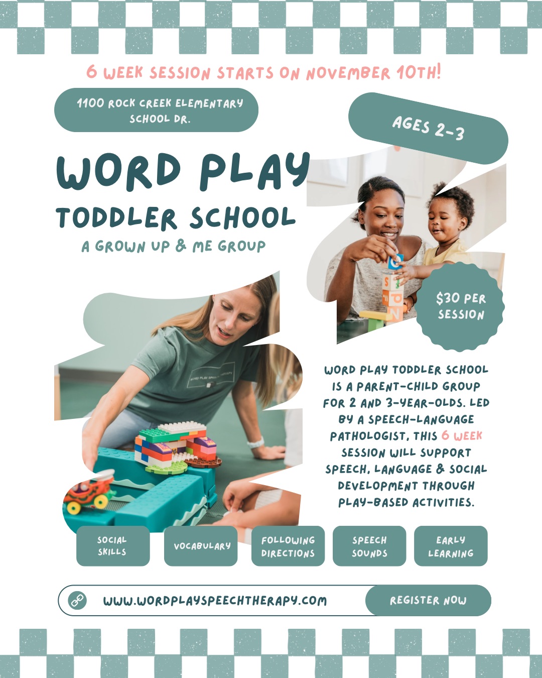 Word Play Toddler School is a "grown up and me" enrichment group for children ages 2–3. Led by an our licensed Speech-Language Pathologist, Ms. Tara, this 6 week class will give your child a boost in speech, language and social skills. Through play-based themed activities, music, movement, stories, and guided peer interaction, children will build foundational skills while caregivers learn simple strategies to encourage communication, friendships, connection, and confidence at home.  This six week session begins November 10th  Where: Word Play Clinic, 1100 Rock Creek Elementary School Dr, O’Fallon, MO  When: Tuesdays 9:15-10AM - November 10, 17, 24 and December 1, 8, 15  Cost: $30/session ($180 total)  Who: 2 and 3 year olds and their caregivers  What? Weekly themes, pretend play, story time, arts & crafts, sensory exploration, music & movement  Why? As a pediatric SLP with over 14 years of experience, Ms. Tara has a deep understanding of child development. This "first school experience" gives your child an introduction to school routines, peer interaction, and learning in a developmentally appropriate small group environment where every child is supported at their own pace.