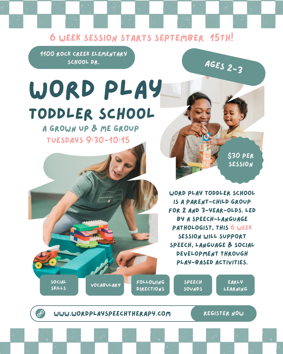 Word Play Toddler School is a "grown up and me" enrichment group for children ages 2–3. Led by an our licensed Speech-Language Pathologist, Ms. Tara, this 6 week class will give your child a boost in speech, language and social skills. Through play-based themed activities, music, movement, stories, and guided peer interaction, children will build foundational skills while caregivers learn simple strategies to encourage communication, friendships, connection, and confidence at home.