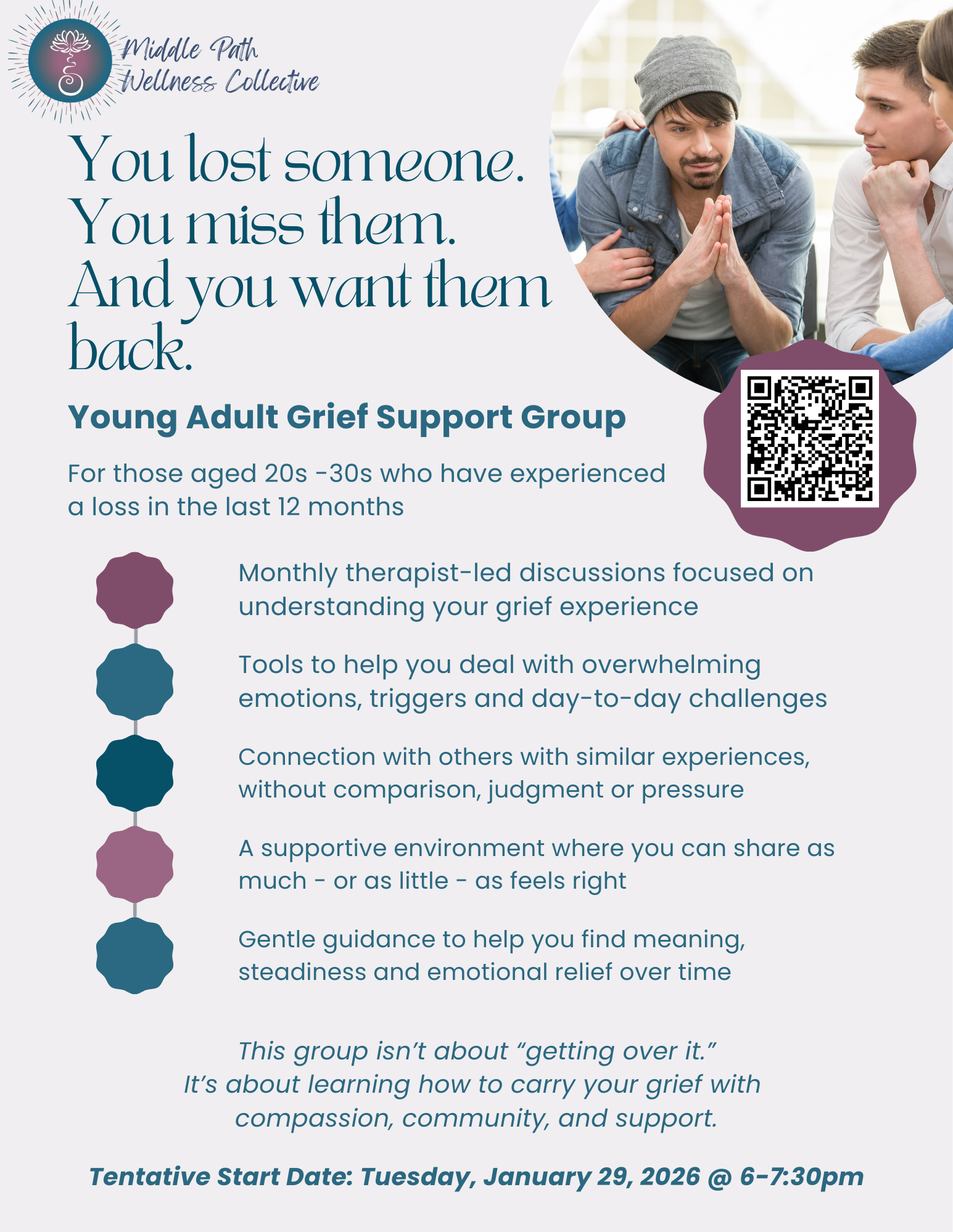 Middle Wellness Collective offers Young Adult Grief Support Groups. Click to go to our Facebook Page.