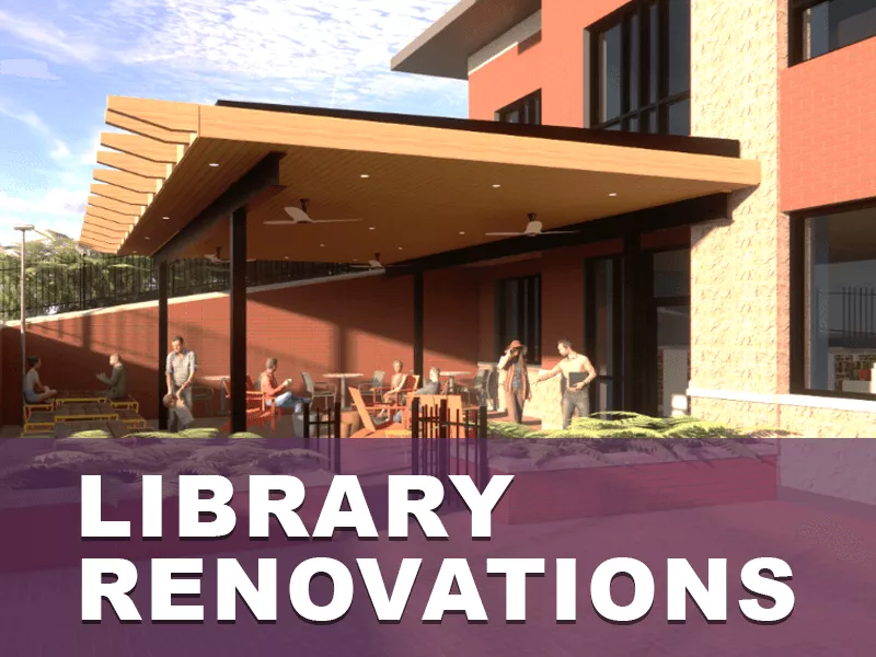 Artist rendering of new Spencer Road patio with text reading Library Renovations