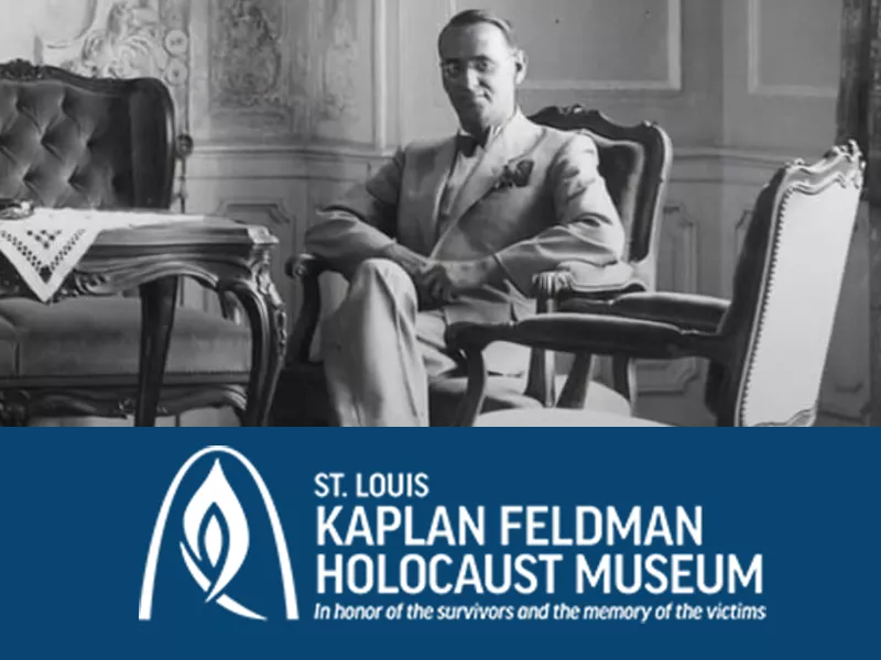 Image of Carl Lutz seated, beneath on a field of blue reads St. Louis Kaplan Feldman Holocaust Museum