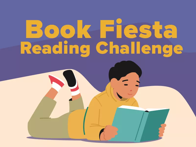 Book Fiesta Reading Challenge with illustration of teen lay down reading a book