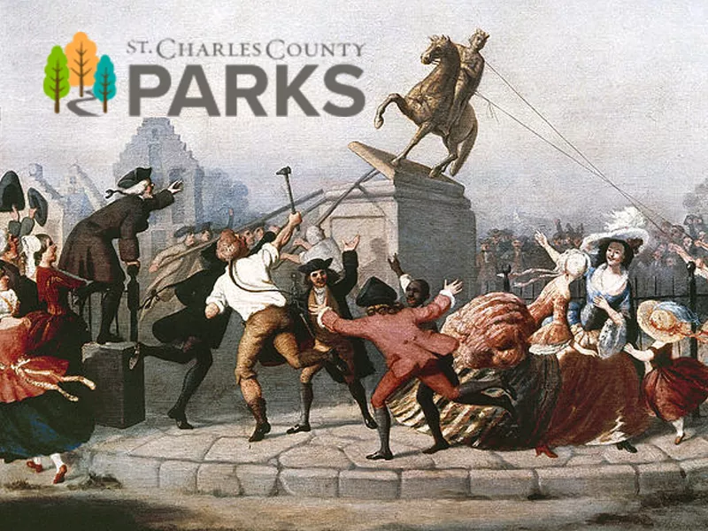 Painting of people pulling down a monument