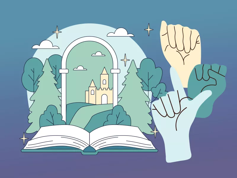 Hands signing ASL next to an open book with the scene of a castle rising from the pages