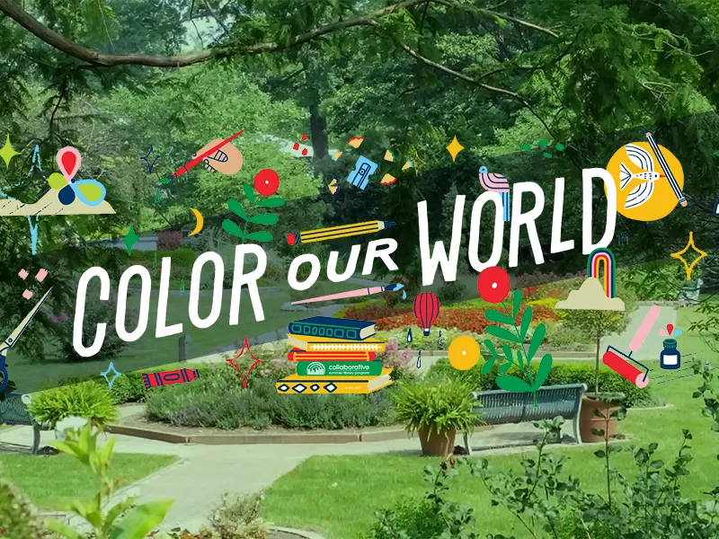Picture of a park with summer challenge theme across the image Color Our World