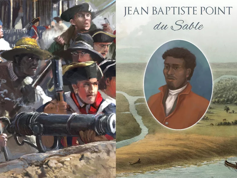 Left: Painting depicting the Revolutionary War with a Black man among White soldiers. Right: bookcover Jean Baptiste Point du Sable