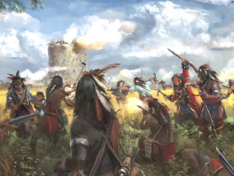 Painting depicting a battle scene with Native American's leading a charge against settlers