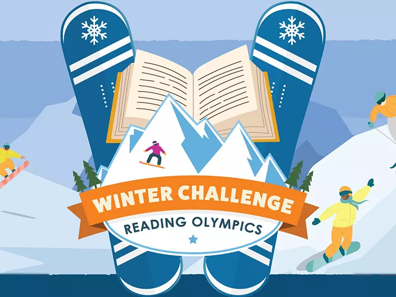Winter Challenge Reading Olympics logo on top a graphic with snowboarders