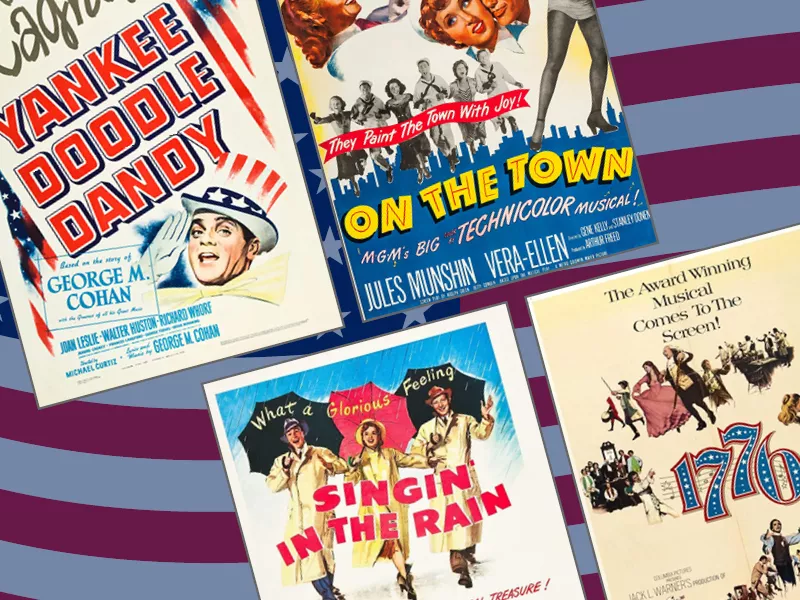 classic movies posters of Yankee Doodle Dandy, On the Town, Singing in the Rain, and 1776