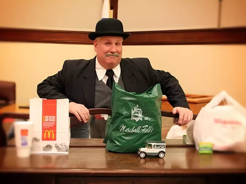 Terry Lynch dressed as JP Moneybags for his program