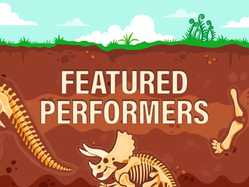 archeological scene with dinosaur bones with words reading Featured Performers