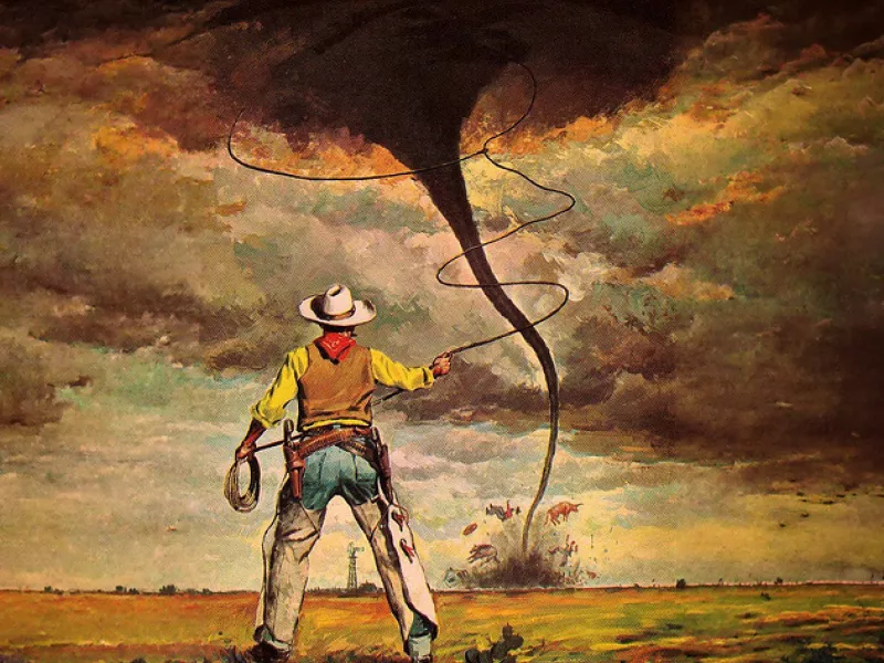 illustration of a cowboy lassoing a twister