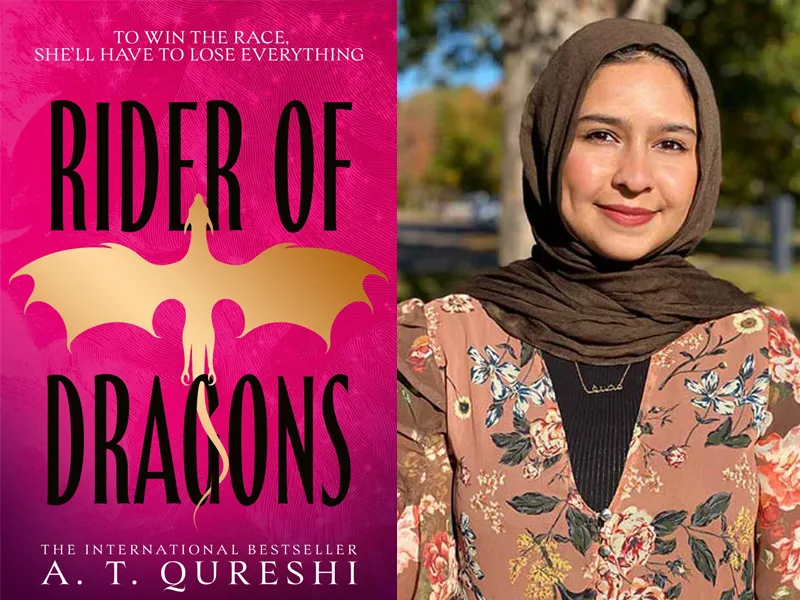 Author A.T. Qureshi and her book Rider of Dragons