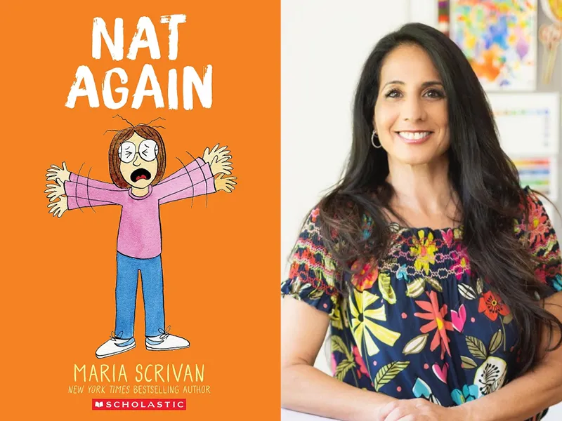 Author Maria Scrivan with her book Nat Again