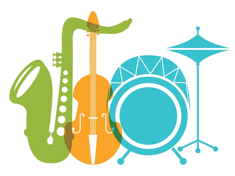 Colorful illustrations of musical instruments on a white background.
