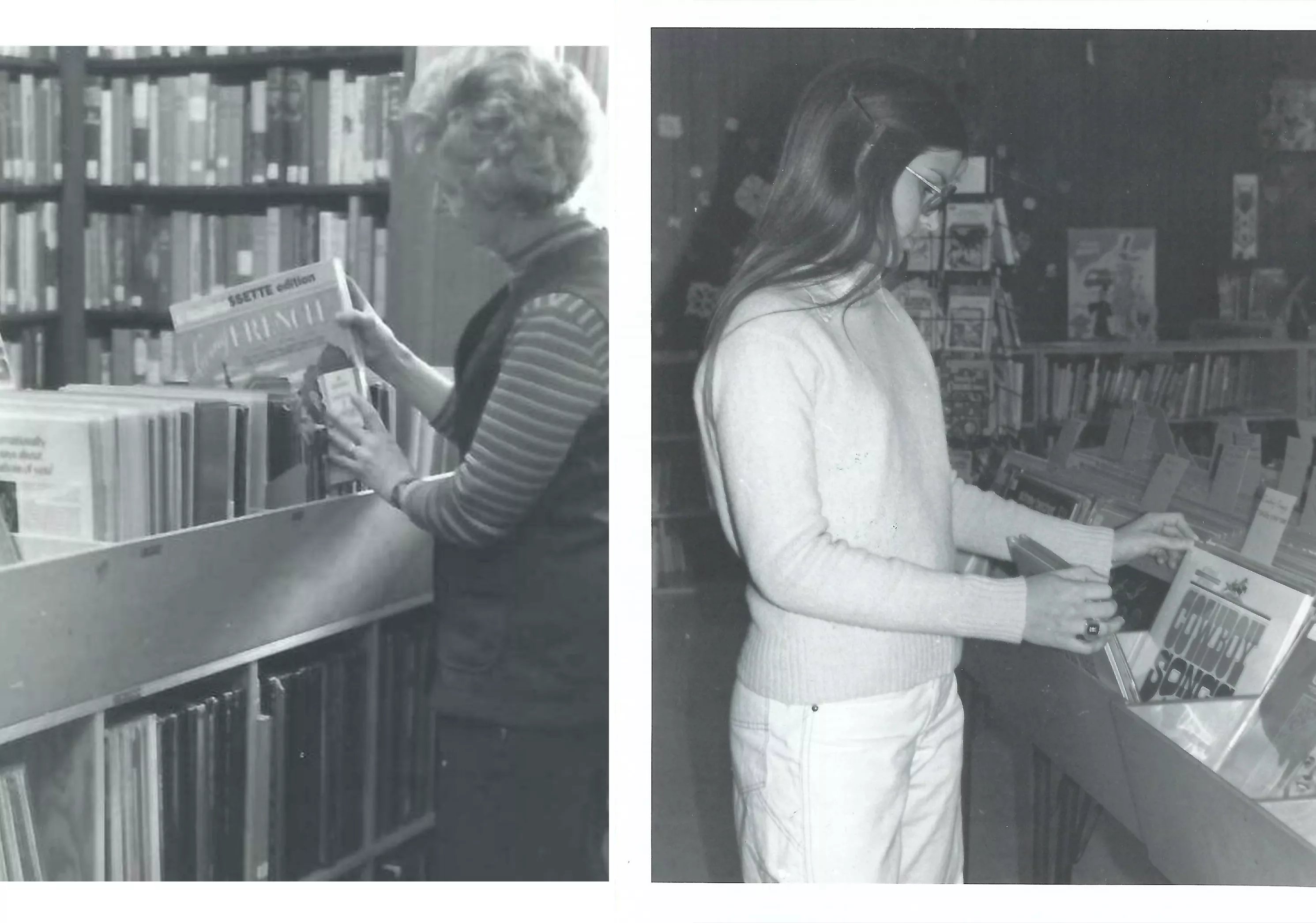 black and white image of two women browsing vinyl records
