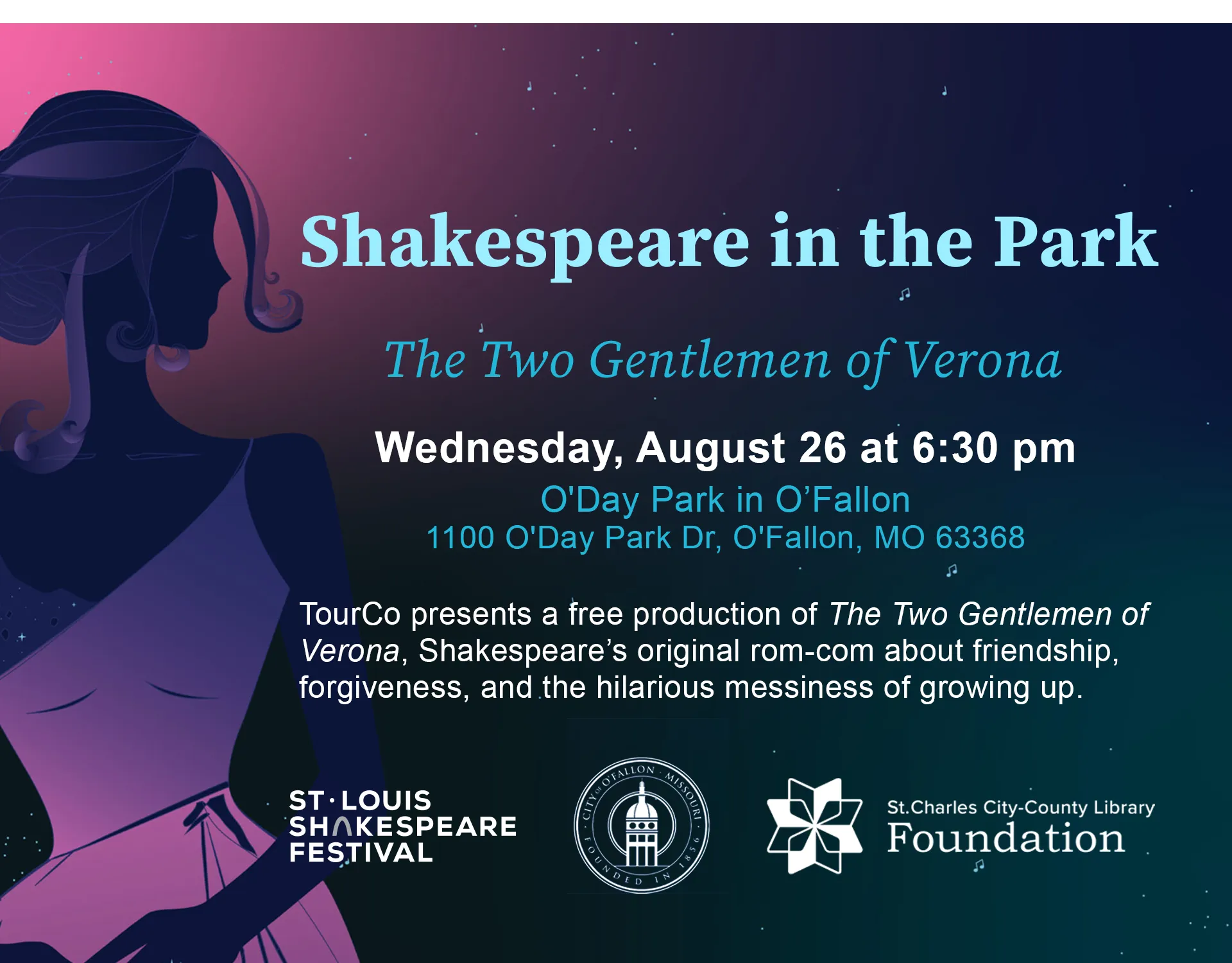 Shakespeare in the Park on August 26 at 6:30 pm at O'Day Park Amphitheater